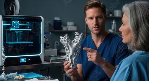 Medical professionals discussing a 3D printed implant next to a 3D printer in a modern laboratory setting.