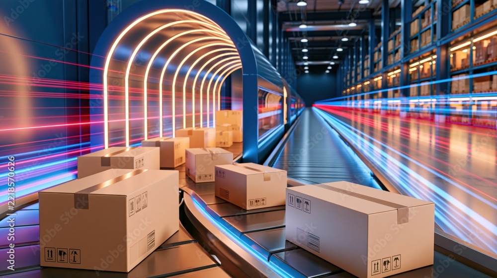 Fototapeta premium Cardboard boxes on conveyor belt passing through glowing archway with motion light trails, logistics automation