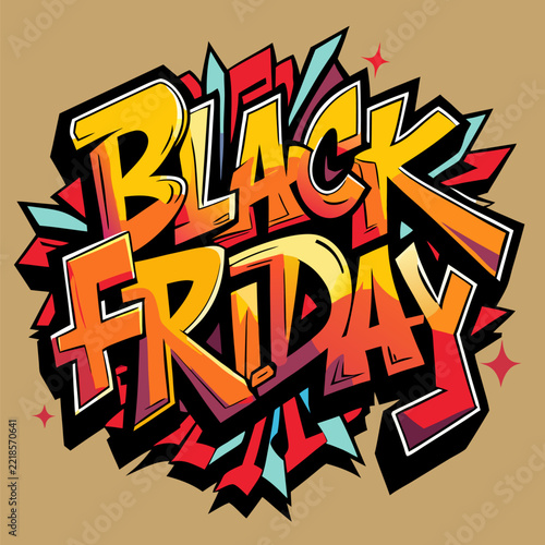 Black Friday promotional graphic design with bold. colorful graffiti style lettering. Vibrant display for a retail sale.