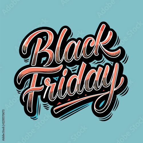 Black Friday stylized text graphic design for marketing promotion. Bold. stylized lettering with a gradient color effect on a light teal background.