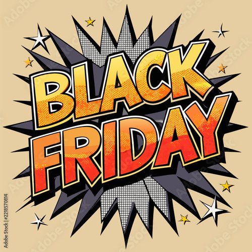 Black Friday promotional graphic with vibrant comic book style. Bold text display with explosion effects in an advertising setting.