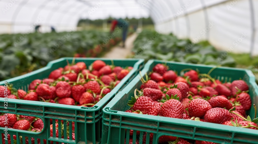 Fototapeta premium The Strawberry Harvest in a Bright Greenhouse: Baskets, Rows, and Fresh Produce