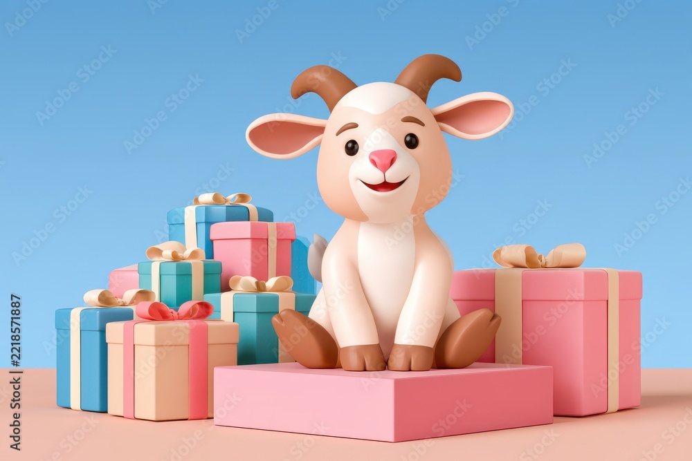 Fototapeta premium Pastel gift boxes with ribbon bows and cute cartoon goat sitting proudly on pink pedestal, holiday celebration concept