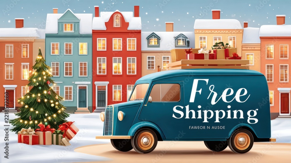 Fototapeta premium Blue delivery van with free shipping text and gift boxes on roof, parked near lit Christmas tree and snowy townhouses, holiday delivery concept