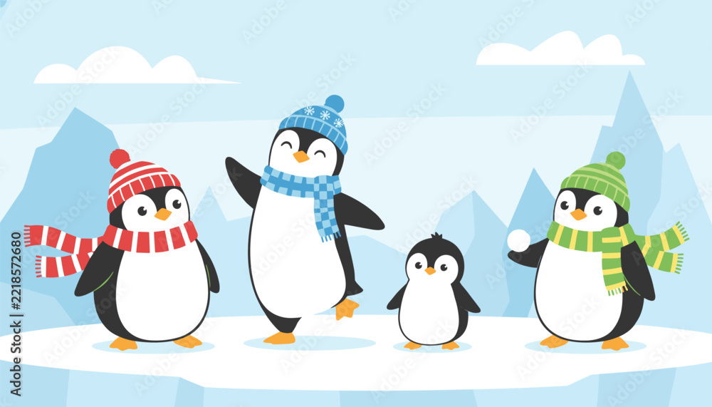 Fototapeta premium Cute penguin family with four members wearing colorful knitted winter hats and scarves on snowy iceberg.