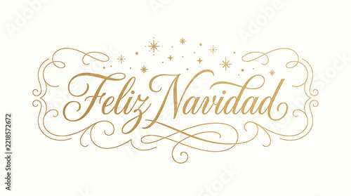 Spanish Christmas greeting 'Feliz Navidad' features elegant golden calligraphy with delicate swirls on a clean transparent background.
