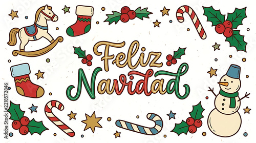 Christmas doodles and Feliz Navidad text are illustrated on a clean transparent background.