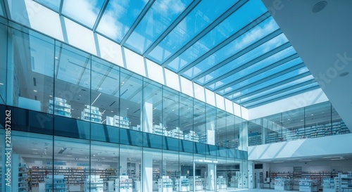 Modern Atrium with Glass Ceiling, Rows of Shelves, and Natural Light Illuminating a Contemporary Building Interior