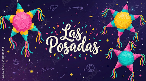 Pinatas in vibrant colors surround the festive lettering Las Posadas on a dark purple background filled with stars and confetti.