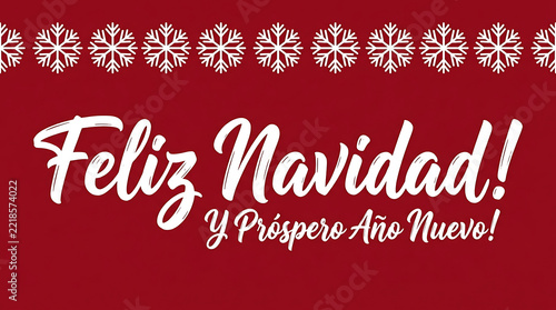 Spanish Christmas greeting banner displays Feliz Navidad text with a snowflake border on red background.