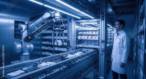 Modern automated pharmacy with robotic arm and scientist in a high-tech warehouse, blue light illuminating the scene.