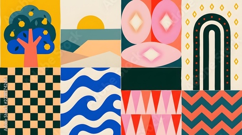 Modern mid century abstract art collage and geometric design. Retro graphic pattern and eclectic wall art concepts. Multi paneled composition featuring nature, sun, and abstract shapes