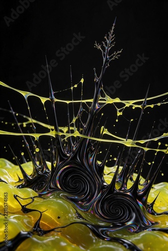 Abstract ferrofluid sculpture with yellow glossy liquid and organic tree structures