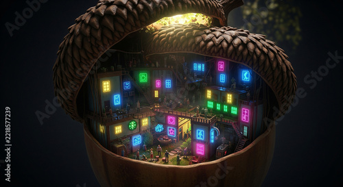 Miniature city with colorful neon lights bustling inside a giant acorn