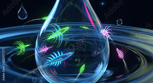 Vibrant bioluminescent creatures emerging from a cosmic drop in outer space