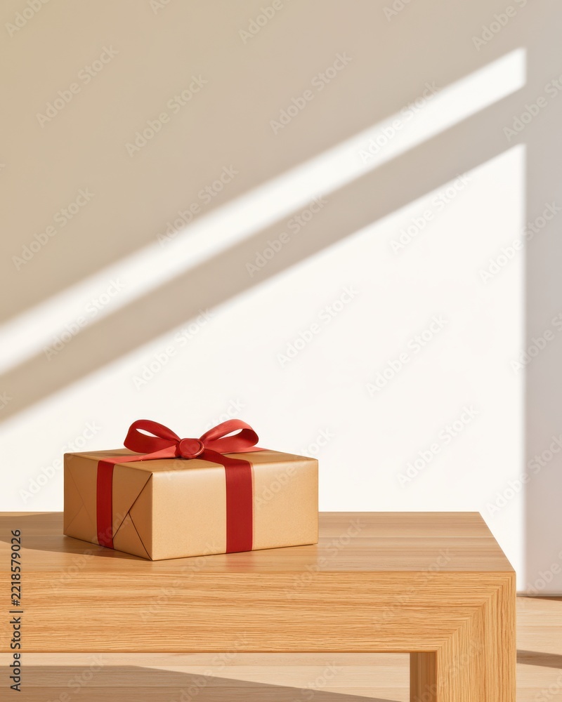 Fototapeta premium Gift box wrapped in brown paper with red ribbon and bow resting on light oak wooden table under diagonal sunlight, holiday gift presentation