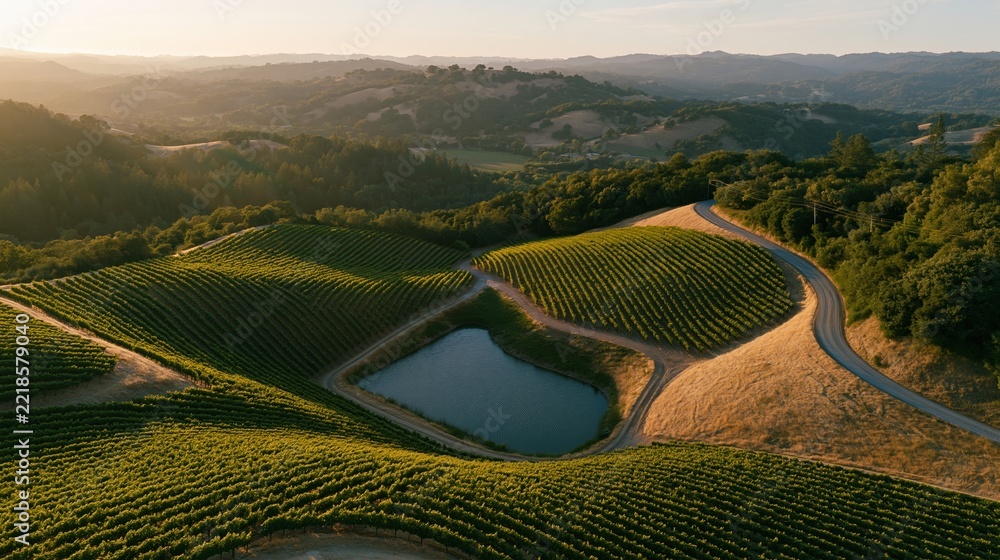 Fototapeta premium The Vineyard Landscape at Sunset Over Rolling Hills and Winding Road