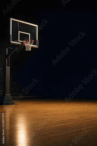 Minimal basketball arena with illuminated basketball hoop