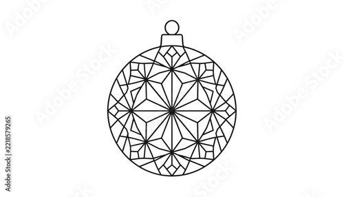 Circular geometric mandala ornament resembling a Christmas ball with intricate line patterns, on a white backdrop.