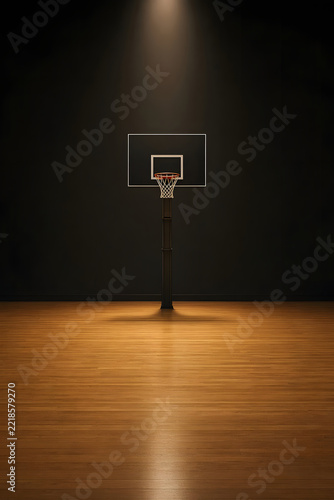 empty basketball arena with a single basketball hoop