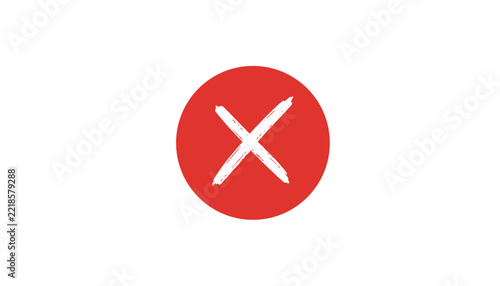 Simple red circular button with a white hand drawn cross mark inside, indicating denial, error, or cancellation.