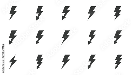Comprehensive collection of fifteen black lightning bolt icons in various shapes and arrow styles, for power designs.