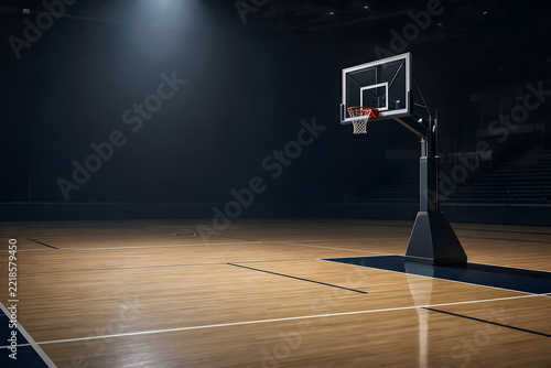 Indoor Basketball Court with Hoop and Ball in a Modern Wooden Interior, Sports Room with Parquet Flooring, Wall, and Home Gym Architecture