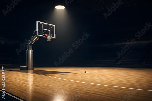 Empty Indoor Basketball Court with Basketball Hoop and Ball in Modern Gym Interior, Wooden Floor, Sports Architecture and Recreational Game Space