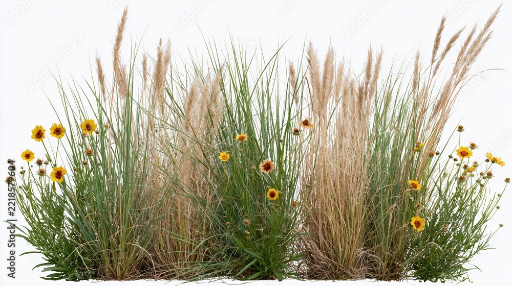 Fototapeta premium Clump of tall ornamental grasses with feathery plumes and yellow flowers isolated on white
