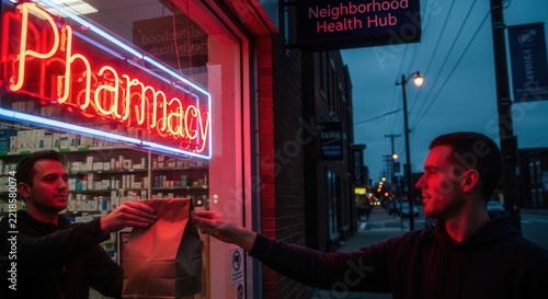 Nighttime pharmacy delivery: Handing over a paper bag with a neon sign glowing, representing convenience and modern healthcare.
