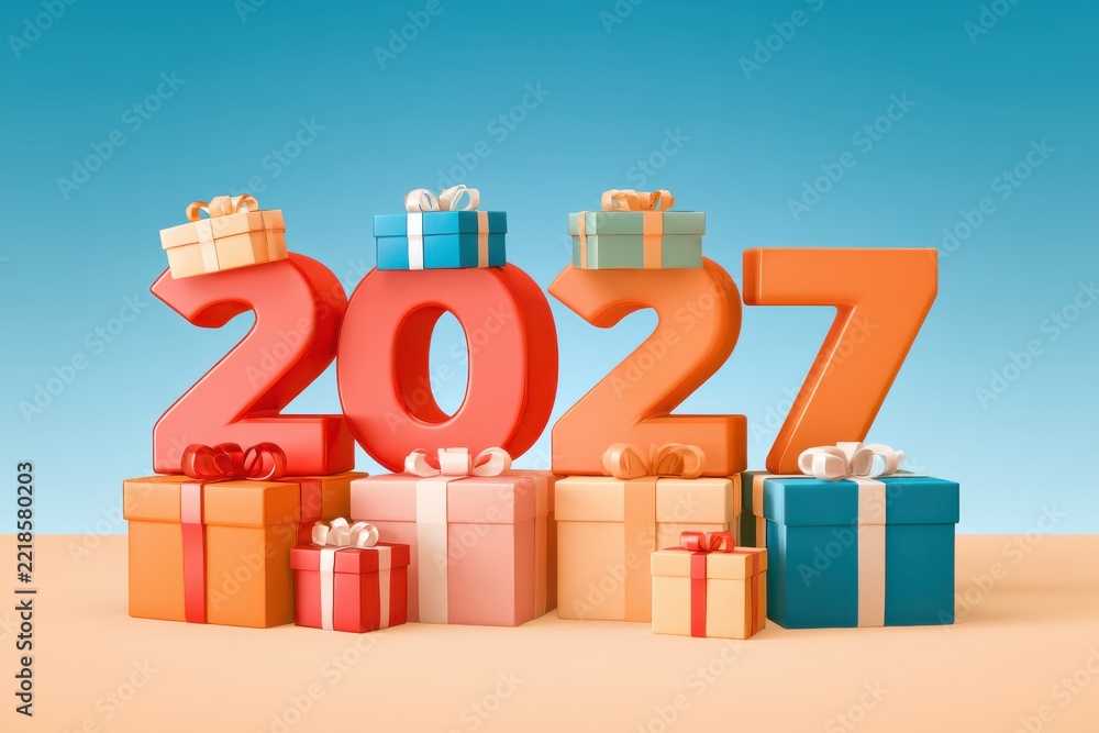 Fototapeta premium Stacked gift boxes in pastel and bold colors surrounding large 2027 numerals, celebration concept