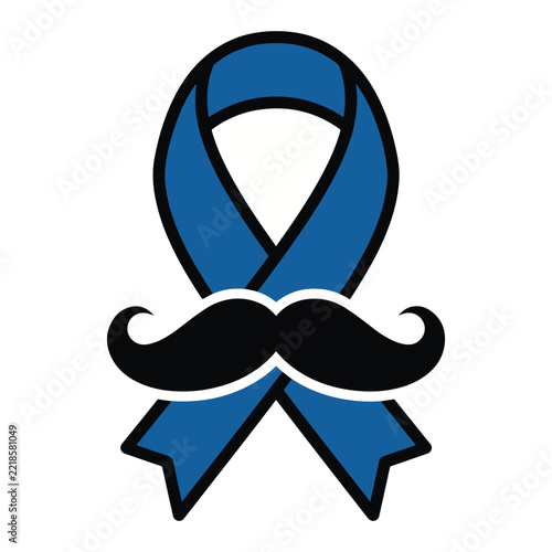 Blue ribbon with black mustache vector icon for mens health awareness