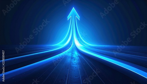 Futuristic Blue Arrow with Glowing Spiral on Dark Background Symbolizing Growth and Progress in Technology and Business