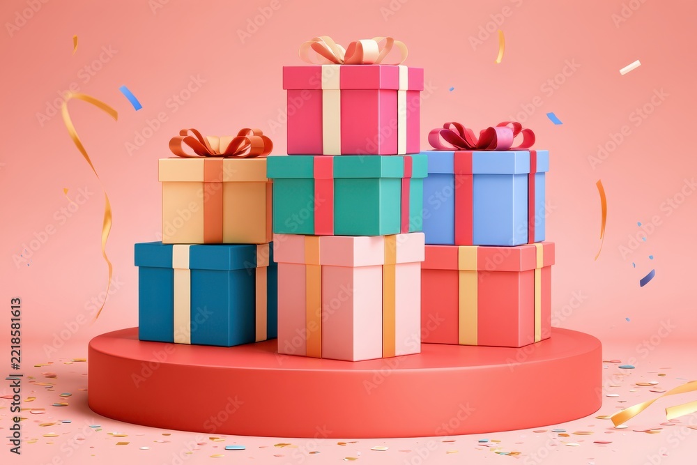 Fototapeta premium Colorful gift boxes with ribbons stacked on red podium surrounded by falling confetti and streamers, holiday celebration display