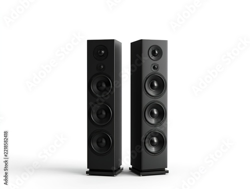 Pair of Black Tower Speakers Isolated on White