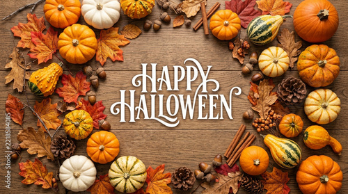 Happy Halloween Wreath: Autumn Pumpkins, Gourds, Leaves, Acorns on Wood