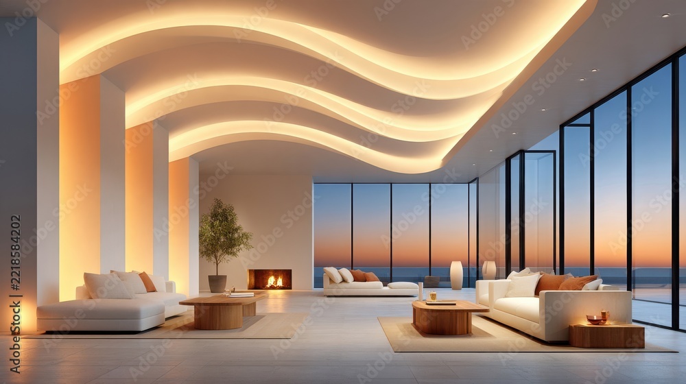 Naklejka premium Modern living room with white sofas, wooden tables, and wavy ceiling lighting, featuring fireplace and ocean view at dusk, interior design concept