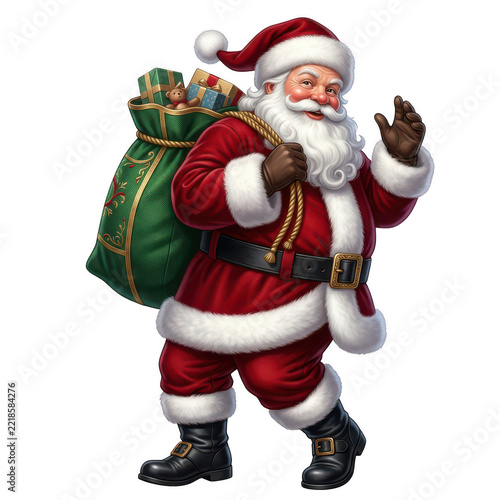 Santa claus waving with a large toyfilled sack isolated on transparent background