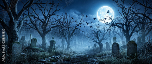 Haunted Cemetery at Night: Full Moon, Crow Silhouette, Spooky Trees, Foggy Atmosphere