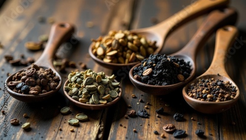 Assorted dry tea leaves in antique spoons, rustic setting, texture, organic