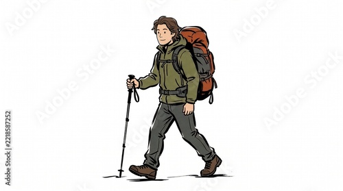 Sketch illustration of a man hiking with a backpack and pole