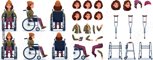 Female character in wheelchair with accessories and medical equipment illustrations