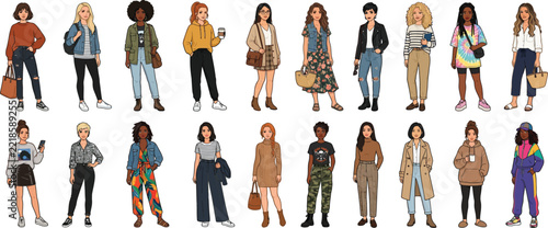 Diverse group of stylish young women in casual outfits and fashion trends
