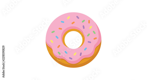 Pink frosted donut with colorful sprinkles on a white background