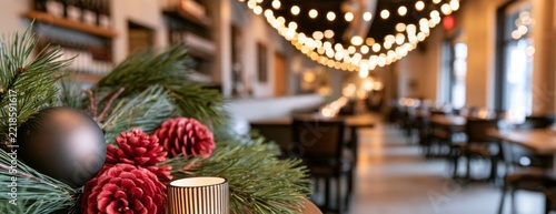 Restaurant decorated for Christmas and New Year with pinecones and lights  