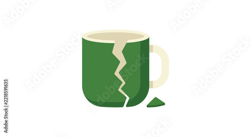Broken green ceramic mug with handle on a white background