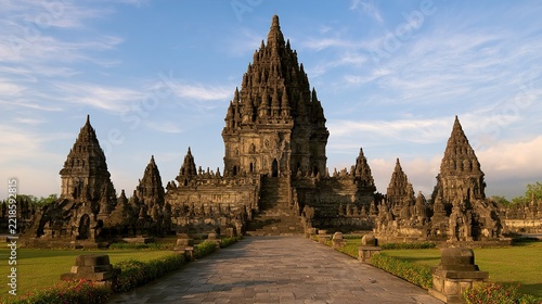 Ancient Prambanan Temple Landmark with Cloudy Blue Sky