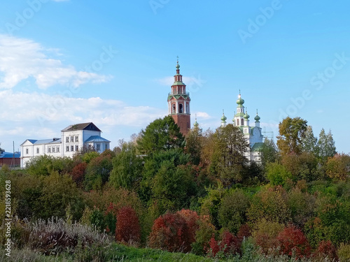 Ancient Resurrection cathedral and Transfiguration church in Cherdyn, Russia, in autumn