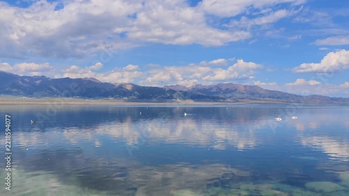 Sayram Lake Reflections and Distant Birds, Xinjiang Province, China