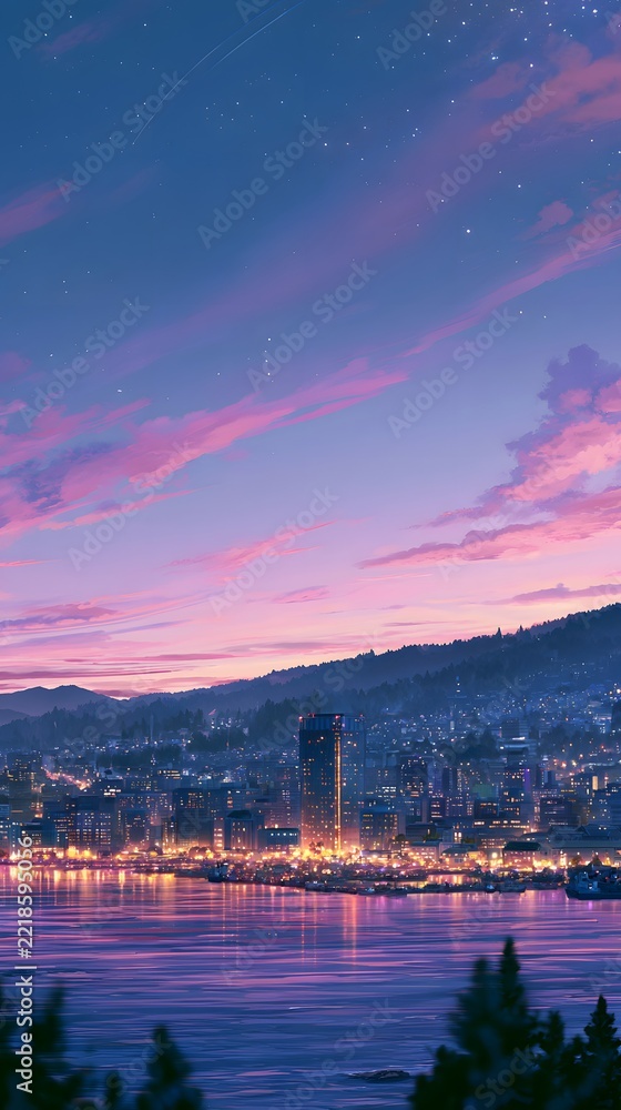 Fototapeta premium Coastal city skyline at dusk with pink clouds and harbor lights